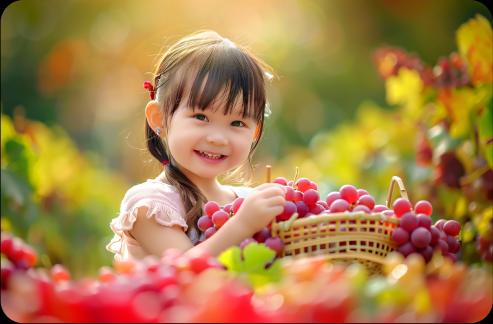 Girl with a bucket full of grapes