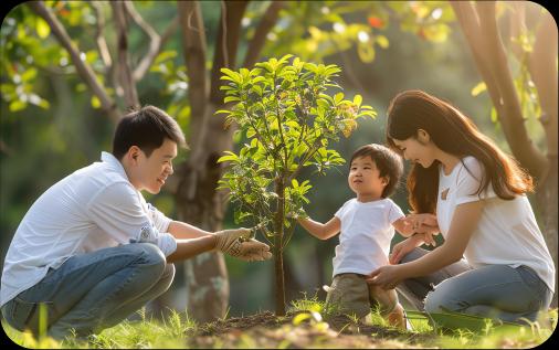 Family gathered around a small plant